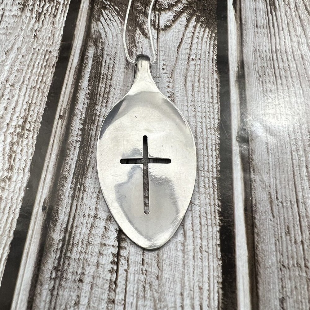 Cross Spoon Pendant Necklace Stainless Steel 24" Silver Plate Chain Christian